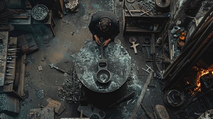 A dramatic overhead view of a blacksmith working on a massive anvil surrounded by tools and pieces of metal. .