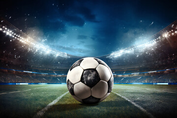Fototapeta premium Soccer Ball on Stadium Field under Bright Stadium Lights at Night Generative AI