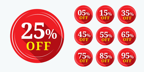 Discount sale off tag 5, 15, 25, 35, 45, 55, 65, 75, 85, 95 percent. Promotion red sticker with discount offer, clearance, emblem, special offer tag sticker design element. Flat vector illustration