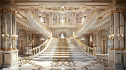 The grand foyer is adorned with a sweeping marble staircase the centerpiece of the room. The balustrades are adorned with elaborate medallions and the treads are lined with intricate . - obrazy, fototapety, plakaty