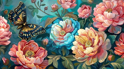 Lovely antiquated wall art with vast pink and blue flowers and butterflies over a blue backdrop, symbolic of antique analog wallpaper and space, Generative AI. - obrazy, fototapety, plakaty