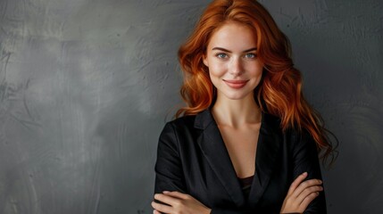 Obraz na płótnie Canvas Woman with fiery red hair and piercing blue eyes strikes a pose
