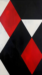 A black and white painting with red and white diamonds. The painting is abstract and has a bold, modern feel to it. The red and white diamonds create a sense of movement and energy