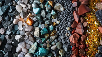 Top view of various types and colors of stones mini rocks kept as a row in a clean backdrop or a nature backdrop, Generative AI.