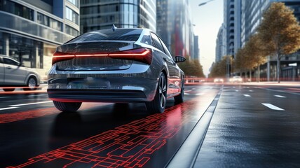 Lane-keeping assist technology demonstrated in a car, ensuring precise navigation within marked lanes. - obrazy, fototapety, plakaty