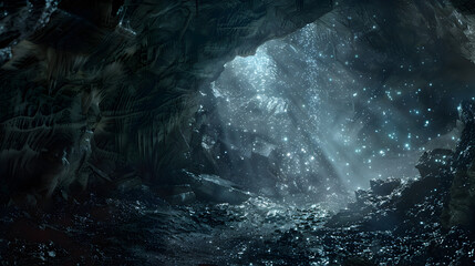 A dark cave with a light shining through it. The light is creating a beautiful and mysterious atmosphere