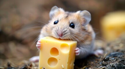 A tiny hamster holding cheese