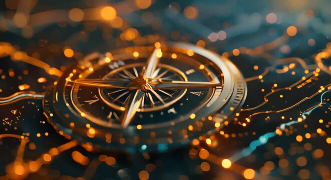 A 3D financial planning compass, illustrate style, on a blurred star map background