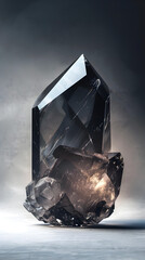 A large black crystal with a pointed top. The crystal is surrounded by a white background. Concept of mystery and awe, as the crystal's size and shape are impressive and unique