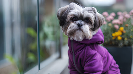 Shih Tzu Dog in Purple Sweater, Attentive Pet on Urban Balcony, Floral Backdrop Portrait