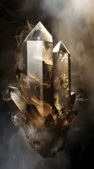 A large crystal with a smokey background. The crystal is surrounded by smoke, giving it a mystical and ethereal appearance
