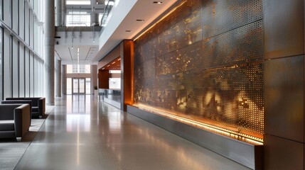 In a commercial space large panels of perforated metal are used to create a dynamic feature wall with hidden LED lights enhancing the textural depth and adding a unique touch to the .