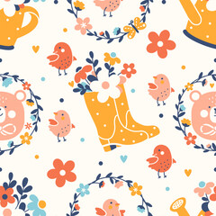 Adorable bright seamless pattern with flowers and baby animals. Kids party wrapping paper, Baby shower seamless decoration or newborn fabric design. Spring or summer garden background.