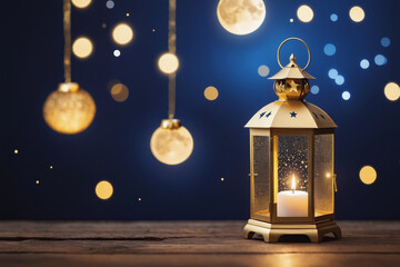 Illustration of a golden lamp and stars ornament. Islamic greeting eid mubarak card design with lantern, beautiful background. AI generated