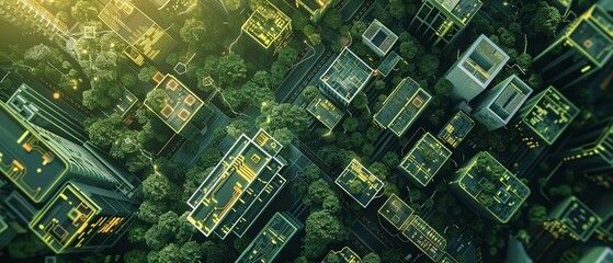 Top view of green electronic eco friendly city model with buildings and roads a technological backdrop, Generative AI. - obrazy, fototapety, plakaty