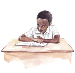 Watercolor illustration of a black boy reading a book, doing homework at a table. Hand-drawn illustration on a transparent background