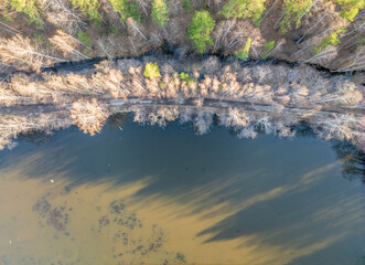 Spring or autumn lake in forest. Aerial view of lake in spring or autumn