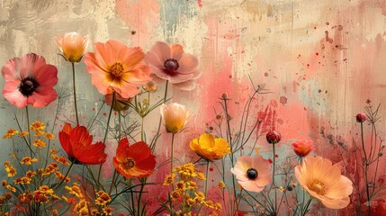A beautiful display of vibrant poppies in various stages of bloom against a rustic, textured...