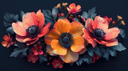 Vibrant Anemone Flowers Arrangement on Dark Background. Generative AI - obrazy, fototapety, plakaty
