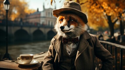 Picture a dapper fox in a tailored tweed suit, complete with a bowler hat and a monocle. Against a backdrop of English countryside, it exudes old-world charm and gentlemanly grace. Mood: refined and s