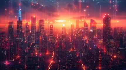 A breathtakingly futuristic cityscape alive with neon light circuits and glowing high-rises, evoking a sense of advanced urban technology. Generative AI - obrazy, fototapety, plakaty