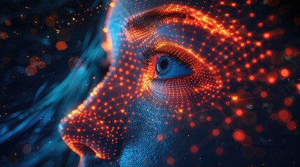 Close-up of a digital human face concept visualized by a red dot matrix, showcasing the intricate relationship between humans and technology. Generative AI - Powered by Adobe