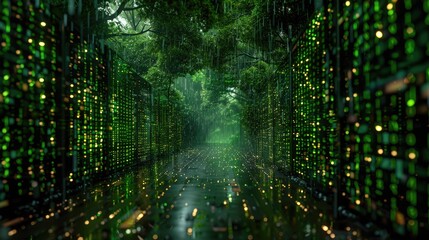 Advanced technology of green-lit server racks merges with the lush foliage of nature. Visualization Concept of Internet of Things, Data Flow, Digitalization of Internet Traffic. Generative AI