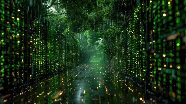 Advanced technology of green-lit server racks merges with the lush foliage of nature. Visualization Concept of Internet of Things, Data Flow, Digitalization of Internet Traffic. Generative AI - Powered by Adobe