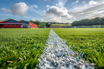 The boundary touchline of a sports field or pitch with a stadium or arena in the...