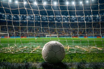 Penalty Spot on Illuminated Soccer Stadium Field with Ball,Intense Moment in Sports Game - obrazy, fototapety, plakaty