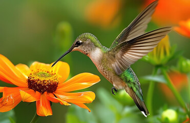 Fototapeta premium A hummingbird hovering near an orange flower, with its iridescent plumage and long beak in focus against the blurred background of green leaves and other flowers
