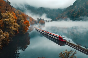 High-Speed Train Passing Through Misty Autumn Landscape with Reflecting Lake