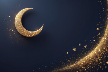 Obraz na płótnie Canvas 3d illustration of a crescent moon with golden moon and stars ornament. Islamic greeting eid mubarak card design, crescent moon and mosque beautiful background. AI generated