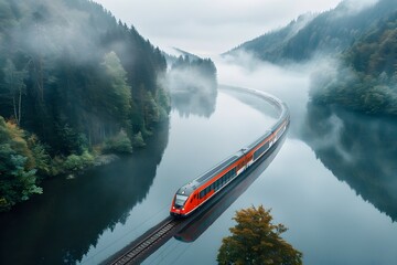 Majestic Train Traversing Misty Lake Amidst Forested Mountain Range in Autumn Landscape - obrazy, fototapety, plakaty