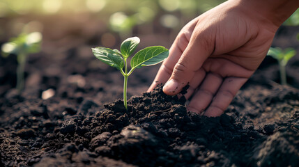 Nurturing growth, development and sustainability concept. Human hand gently cradling rich soil nurturing a young sprouting plant symbolizing ecology, green business and environment. - obrazy, fototapety, plakaty