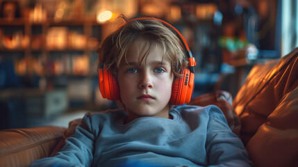 In a close-up portrait, a young boy sits on a sofa, deeply engrossed in the melodies from his headphones.