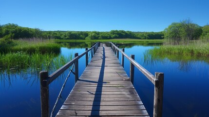 Fototapeta na wymiar A serene setting as the wooden footbridge stretches over the glasslike surface of the pond perfectly reflecting the clear blue sky . .