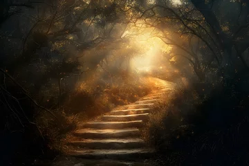 Foto op Canvas Illuminating Path Through Mystical Autumn Forest Offers Clarity and Wisdom on Life's Journey © TEERAWAT
