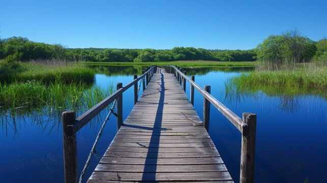 A serene setting as the wooden footbridge stretches over the glasslike surface of the pond perfectly reflecting the clear blue sky . .