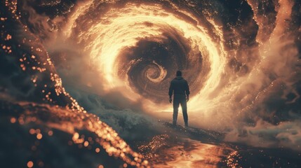 A lone explorer stands on the edge of the vortex his back towards the camera as he prepares to take the plunge into the unknown depths . . - obrazy, fototapety, plakaty