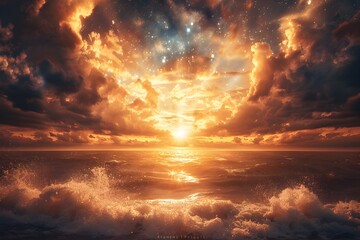 Radiant Dawn over an Ethereal Ocean Horizon,Igniting Possibilities and Inspiring the Soul - obrazy, fototapety, plakaty