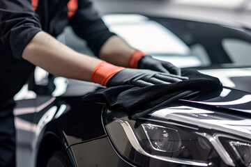 A man Wearing gloves and clean black Car front with microfiber cloth,  car detailing , valeting and providing service concept