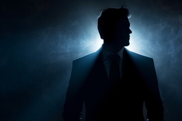 A mysterious silhouette of a person in a suit stands tall in a dimly lit room, exuding an aura of intrigue and sophistication.