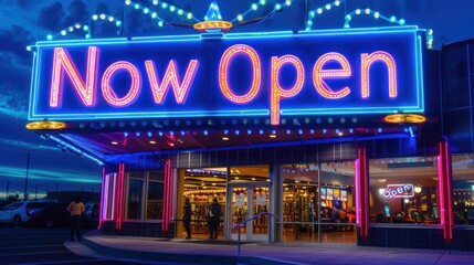 A "Now Open" sign illuminated in bright lights to signify the grand opening.