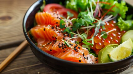 Bowl of salmon, lettuce, and cucumber