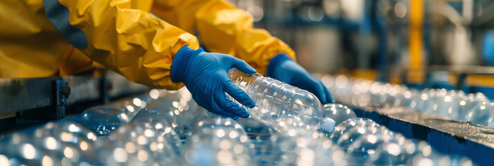 A man in gloves picking up plastic bottles from a production line at an eco-friendly factory