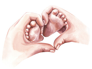 Watercolor illustration of children's legs in their mother's hands on a transparent background. The concept of happy family motherhood. Mothers Day.