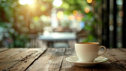 Obraz na płótnie Canvas A cup of coffee on a saucer on a wooden table