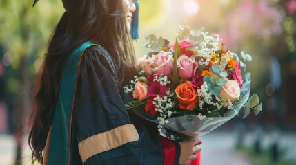 A graduate wearing a cap and gown and holding a bouquet of flowers.