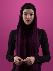 Modern Muslim woman wearing stylish hijab casual wear isolated on pink background. Diverse people model hijab fashion concept. - 781030595